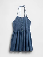 Denim Pintuck Halter Mini Dress