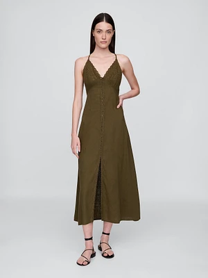 Linen-Blend Embroidered Halter Maxi Dress