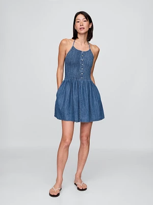 Denim Pintuck Halter Mini Dress