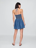 Denim Pintuck Halter Mini Dress