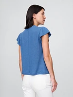 Linen-Blend Flutter-Sleeve T-Shirt