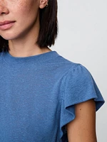 Linen-Blend Flutter-Sleeve T-Shirt