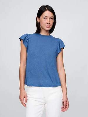 Linen-Blend Flutter-Sleeve T-Shirt