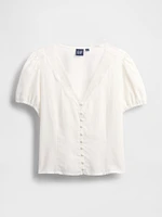 Linen-Blend Lace V-Neck Top