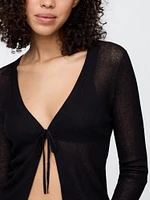 Sheer Rib Tie-Front Crop Cardigan Sweater