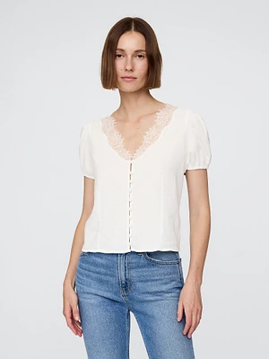 Linen-Blend Lace V-Neck Top