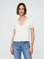 Linen-Blend Lace V-Neck Top