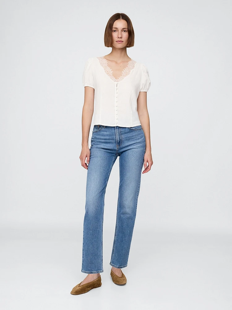 Linen-Blend Lace V-Neck Top