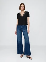Linen-Blend Lace V-Neck Top