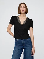 Linen-Blend Lace V-Neck Top