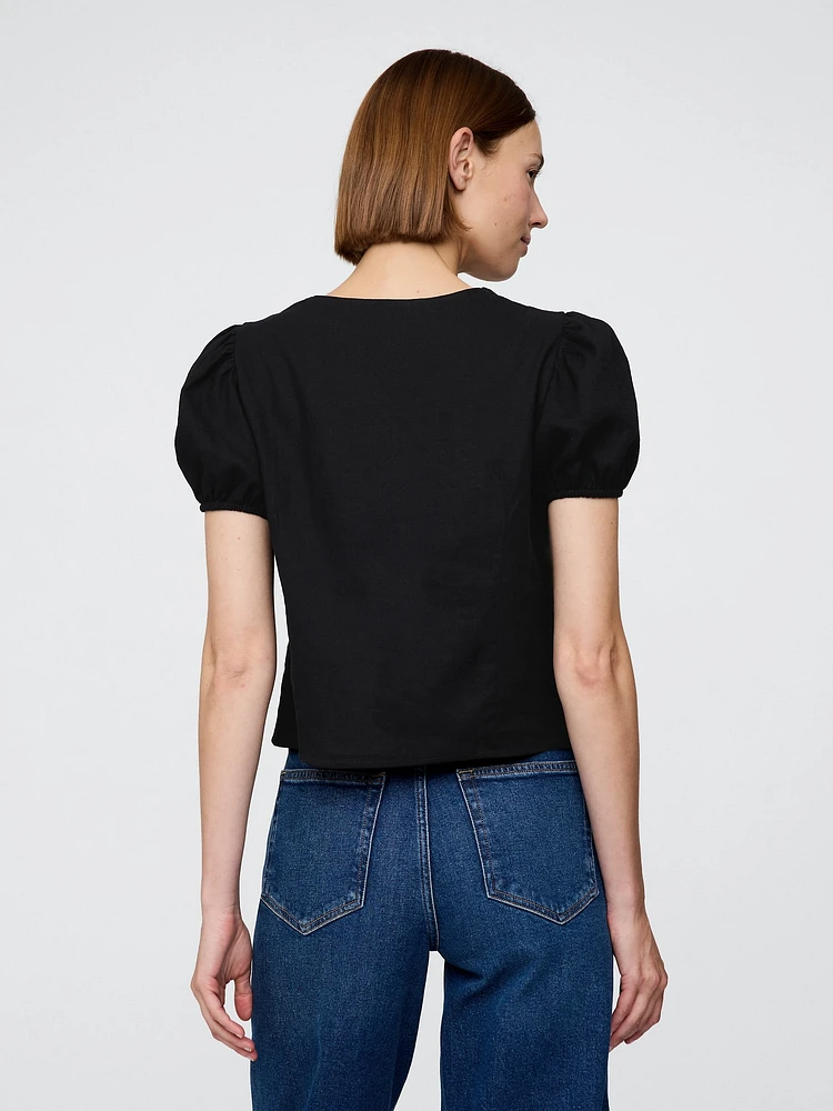 Linen-Blend Lace V-Neck Top