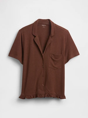 Linen-Blend Ruffle PJ Shirt