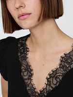 Linen-Blend Lace V-Neck Top