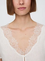 Linen-Blend Lace V-Neck Top