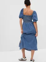 Puff Sleeve Denim Midi Dress