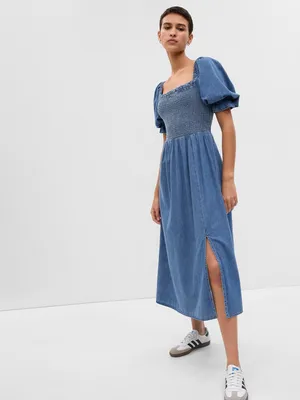 Puff Sleeve Denim Midi Dress