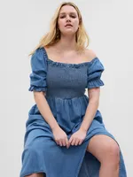 Puff Sleeve Denim Midi Dress