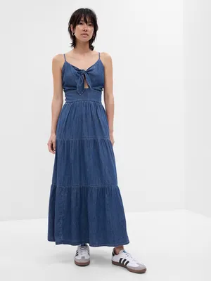 Tie-Front Tiered Denim Maxi Dress with Washwell