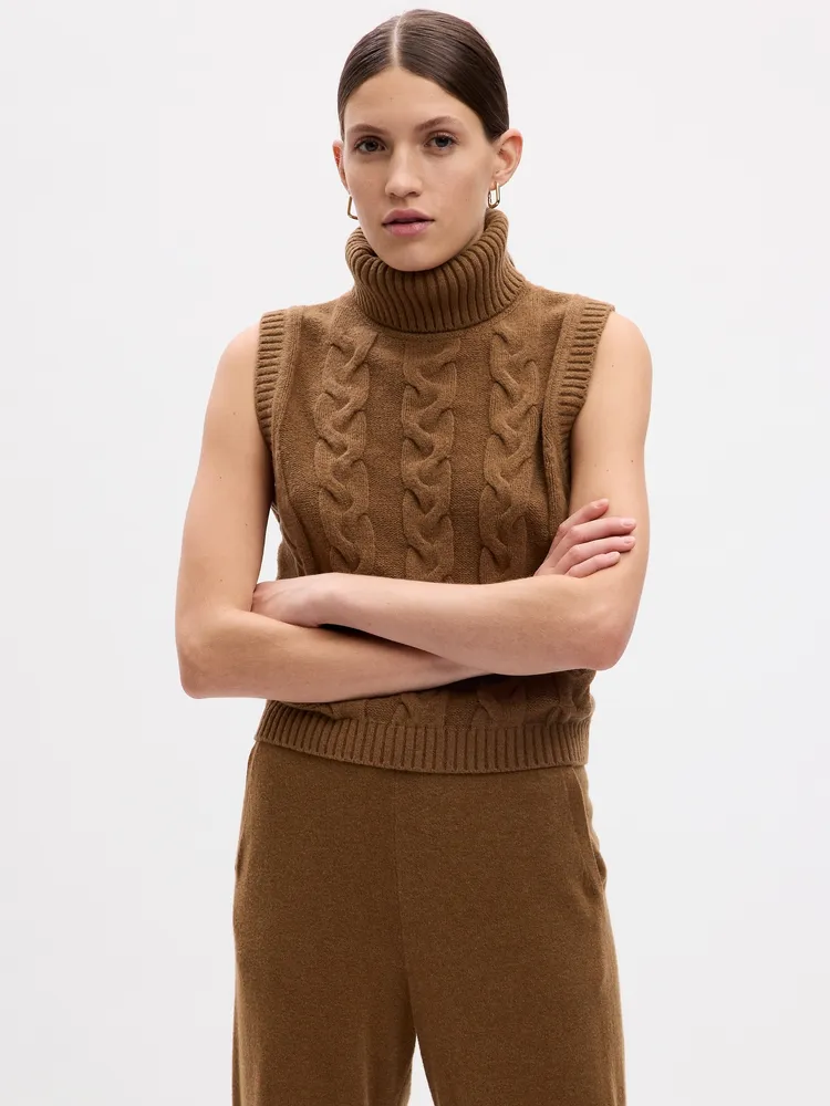 CashSoft Cable-Knit Turtleneck Sweater Tank