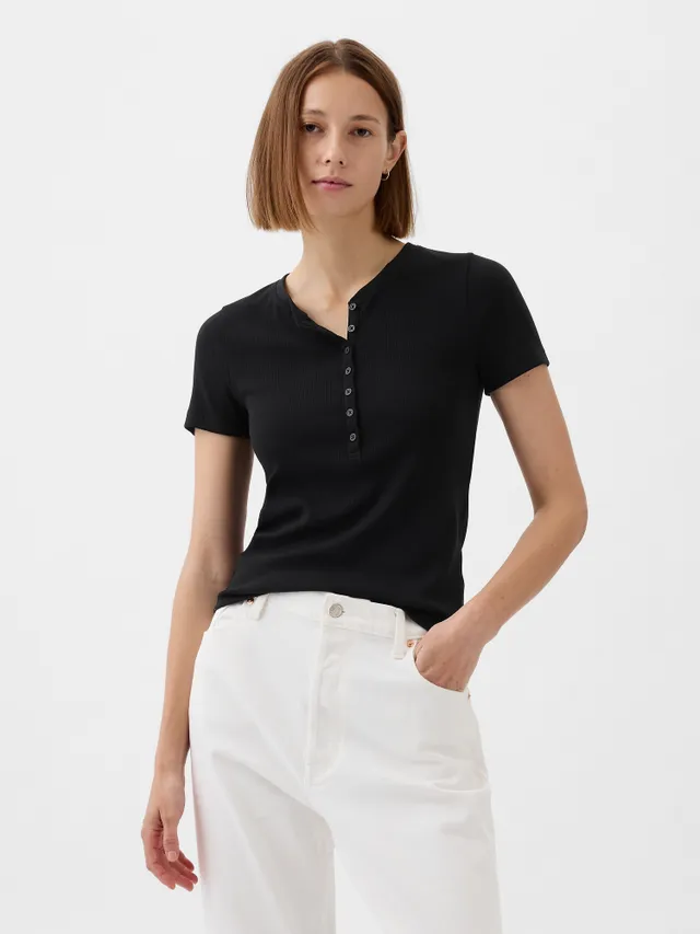 Ribbed Henley Cropped T-Shirt