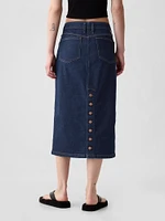 Button-Back Denim Midi Pencil Skirt