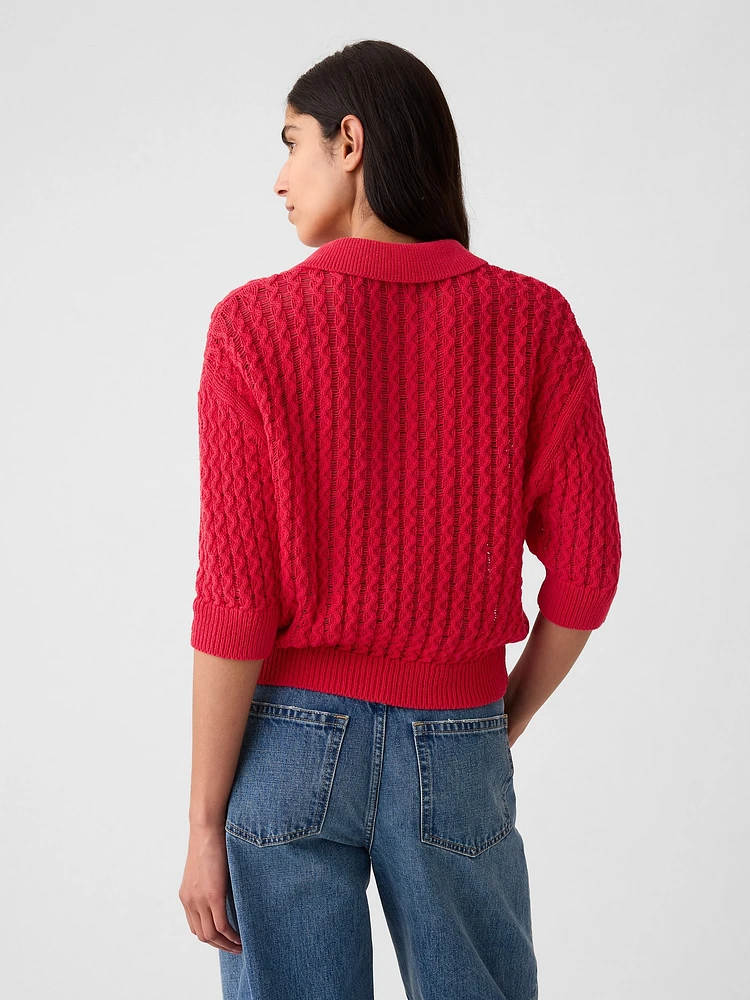 Linen-Cotton Textured Polo Shirt Sweater