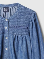 Puff Sleeve Lace-Trim Denim Shirt