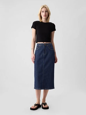 Button-Back Denim Midi Pencil Skirt