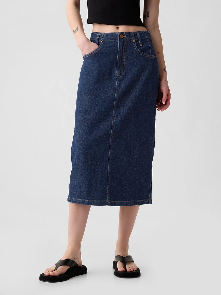 Button-Back Denim Midi Pencil Skirt