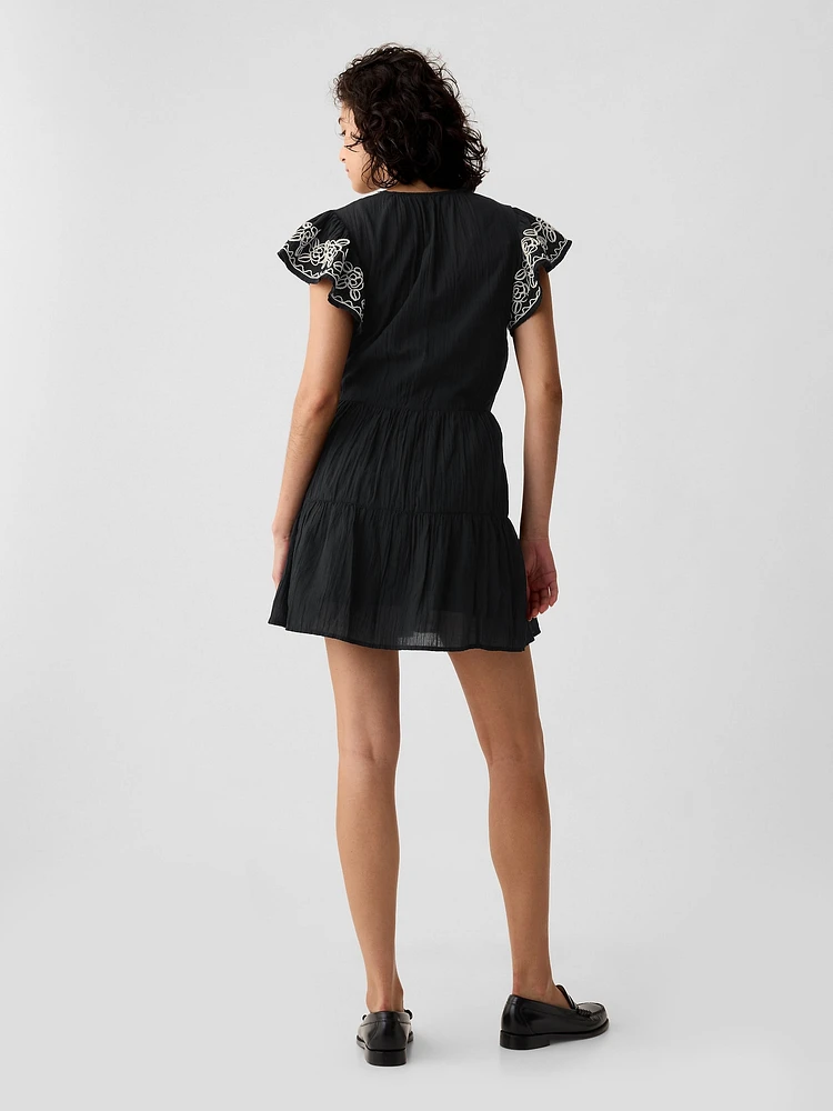 Crinkle Gauze Embroidered Mini Dress