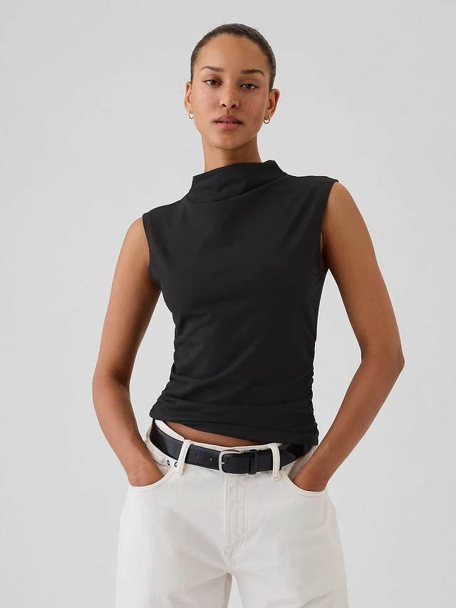 Modern Funnel-Neck Ruched Tank Top