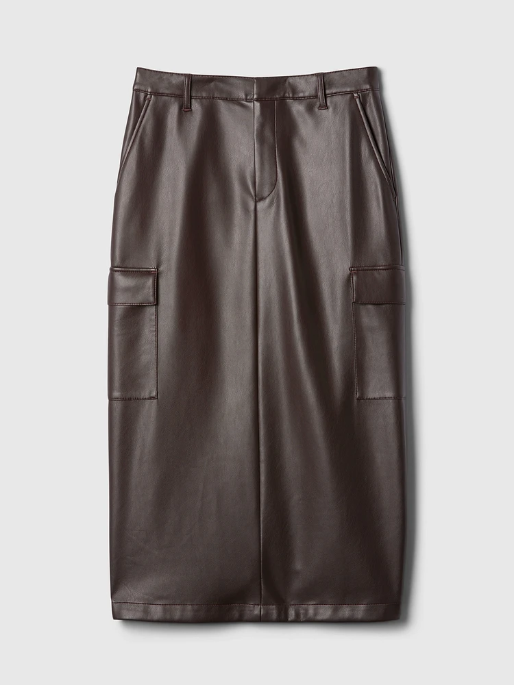 Vegan Leather Cargo Midi Skirt