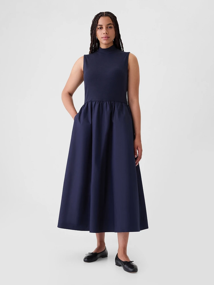 Mockneck Mixed Media Midi Dress