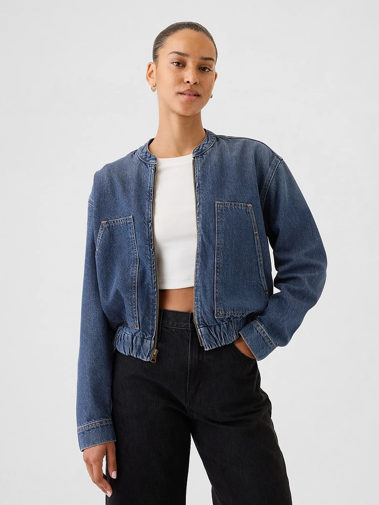 UltraSoft Denim Cropped Bomber Jacket