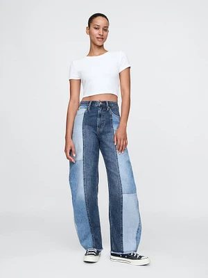 High Rise Patchwork Barrel Jeans