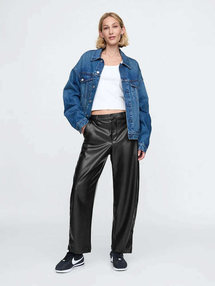 Mid Rise Vegan Leather Barrel Pants