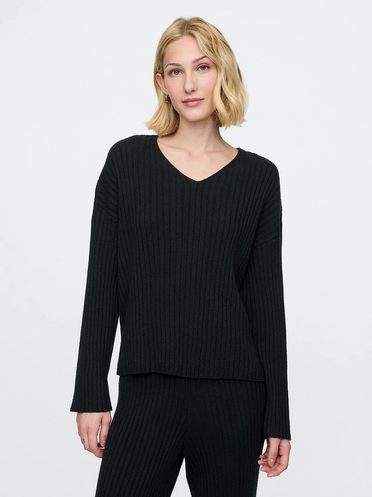 CashSoft Wide Rib V-Neck Sweater