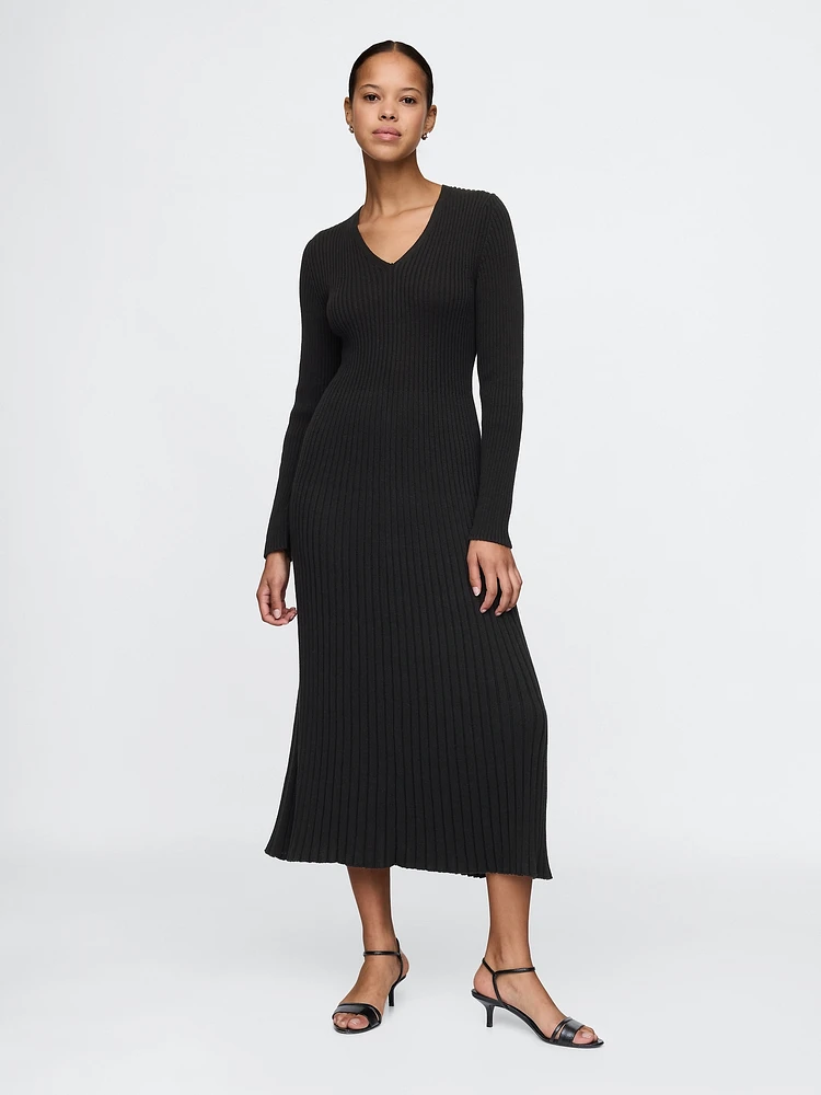 V-Neck Rib Maxi Sweater Dress