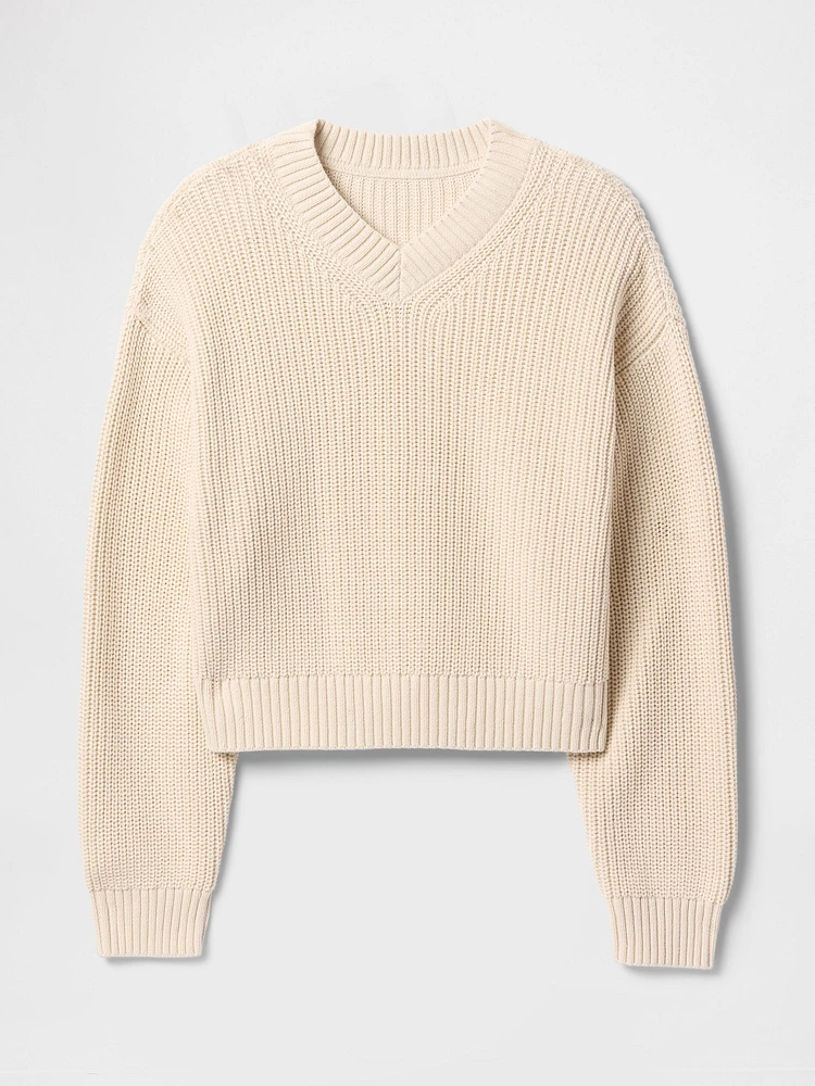100% Cotton Shaker-Stitch V-Neck Sweater