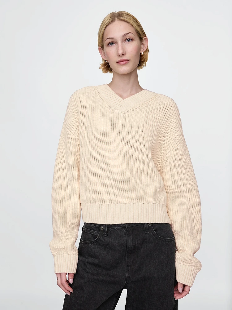 100% Cotton Shaker-Stitch V-Neck Sweater