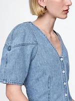 Cropped Puff-Sleeve Denim Shirt