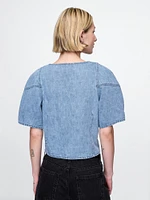 Cropped Puff-Sleeve Denim Shirt