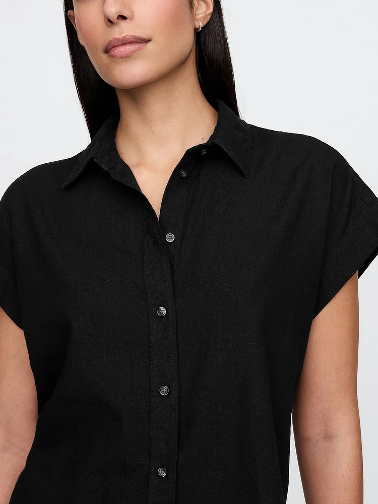 Linen-Blend Crop Shirt
