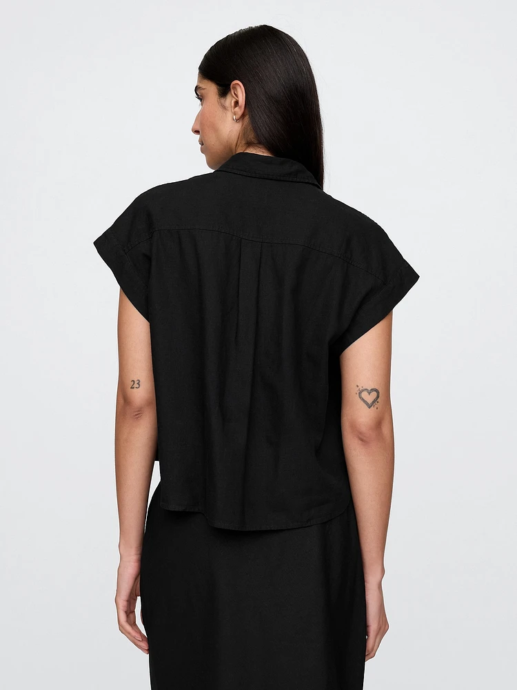 Linen-Blend Crop Shirt