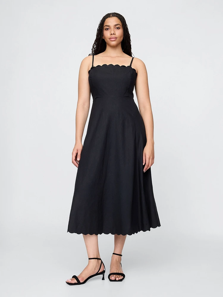 Linen-Blend Scalloped Midi Dress