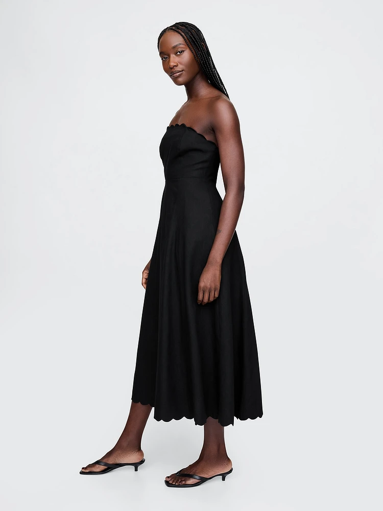 Linen-Blend Scalloped Midi Dress