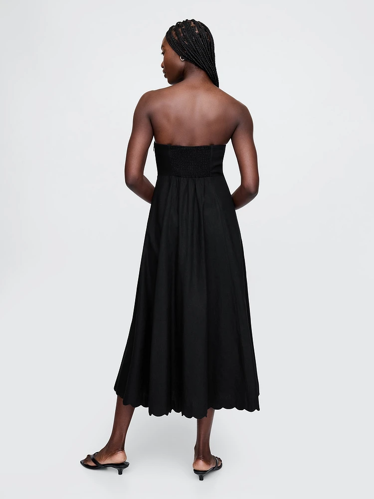 Linen-Blend Scalloped Midi Dress