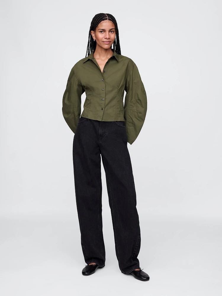 Organic Cotton Poplin Barrel-Sleeve Crop Shirt