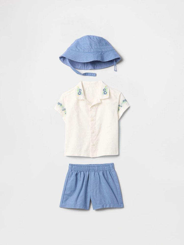 Baby Linen-Cotton Embroidered Outfit Set