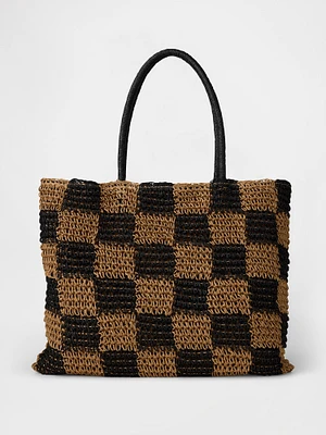 Gingham Straw Tote Bag